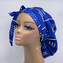 Load image into Gallery viewer, Ponytail hat PONY SCRUB CAP, royal blue white tribal surgical scrub hat pony nursing caps and satin lining option for locs, braid, long hair