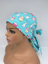 Load image into Gallery viewer, Ponytail PONY SCRUB CAP, Easter fabric surgical scrub hat nursing caps with satin lining for locs /Long Hair, Easter nurse Gift