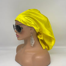 Load image into Gallery viewer, Ponytail Yellow Satin SCRUB HAT CAP, nursing caps,  Pony hat for long hair, locs, braids