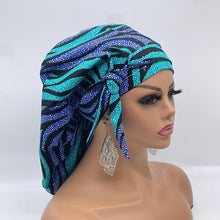 Load image into Gallery viewer, Ponytail Ankara PONY SCRUB CAP, blue cotton fabric surgical scrub hat pony nursing caps and satin lining option for locs /Long Hair