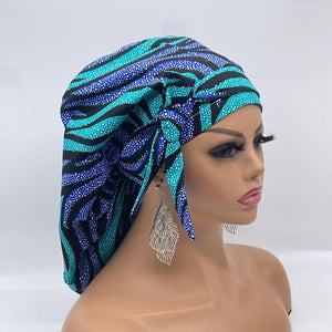 Ponytail Ankara PONY SCRUB CAP, blue cotton fabric surgical scrub hat pony nursing caps and satin lining option for locs /Long Hair