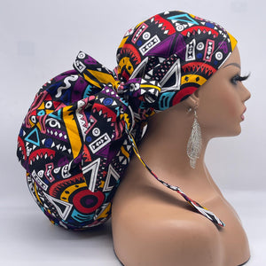 2XL JUMBO PONY Scrub Cap, multicolored tribal surgical nursing hat and satin lining option for Extra long/thick Hair/Locs