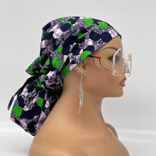 Load image into Gallery viewer, Adjustable Satin Lined PONY SCRUB CAP, Green Purple Black Ankara cotton fabric surgical scrub hat ponytail nursing caps for locs/Long Hair