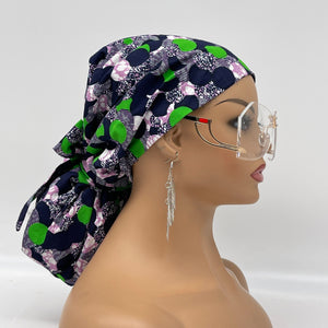 Adjustable Satin Lined PONY SCRUB CAP, Green Purple Black Ankara cotton fabric surgical scrub hat ponytail nursing caps for locs/Long Hair