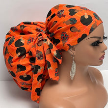 Load image into Gallery viewer, 2XL JUMBO PONY SCRUB Cap, earth orange black women fabric surgical nursing hat satin lining option for Extra long/thick Hair/Locs