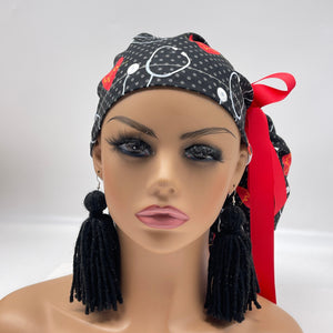 2XL JUMBO PONY Scrub Cap, EKG  cotton fabric surgical nursing hat and satin lining option for Extra long/thick Hair/Locs