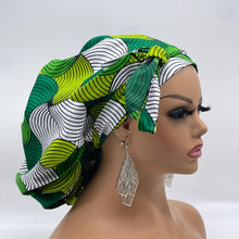 Load image into Gallery viewer, Ankara PONY SCRUB CAP, green and white cotton fabric surgical scrub hat nursing caps and satin lining option for locs /Long