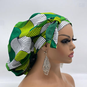 Ankara PONY SCRUB CAP, green and white cotton fabric surgical scrub hat nursing caps and satin lining option for locs /Long