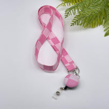 Load image into Gallery viewer, Handmade Pink Checkered Fabric Lanyard with Retractable Badge Reel