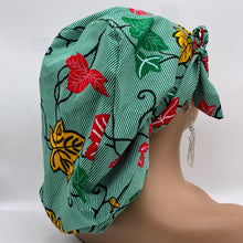 Load image into Gallery viewer, Ponytail SCRUB CAP off  green leaves cotton fabric surgical scrub hat nursing caps, satin lining option for long hair