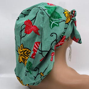 Ponytail SCRUB CAP off  green leaves cotton fabric surgical scrub hat nursing caps, satin lining option for long hair