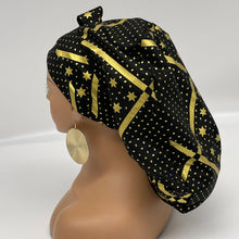 Load image into Gallery viewer, Ponytail PONY SCRUB CAP, black and metallic gold stars cotton fabric surgical scrub hat nursing caps, satin lining option for long hair