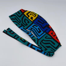 Load image into Gallery viewer, Multicolored unisex pixie Men surgical SCRUB HAT CAP, nursing caps, tie back cap, satin lining option African print men scrub cap
