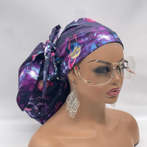 2XL JUMBO PONY SCRUB Cap, purple solar system fabric surgical nursing hat satin lining option for Extra long/thick Hair/Loc