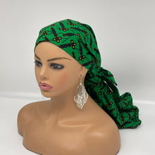 Load image into Gallery viewer, Adjustable Dread Locs and Long braids HAT Cap, Green Ankara pony style scrub nursing caps fabric and satin lining option Hair Cover