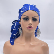 Load image into Gallery viewer, 2XL JUMBO PONY Scrub Cap, Royal blue and white tribal surgical nursing hat and satin lining option for Extra long/thick Hair/Locs