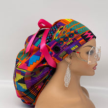 Load image into Gallery viewer, 2XL JUMBO PONY SCRUB Cap,pink, purple Kente cotton fabric surgical nursing hat satin lining option for Extra long/thick Hair/Locs