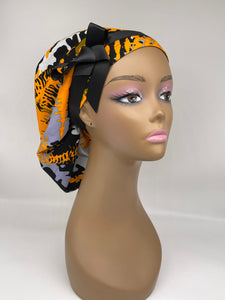 Ponytail Ankara PONY SCRUB CAP, cotton fabric surgical scrub hat nursing caps and satin lining option for locs /Long Hair grey, yellow