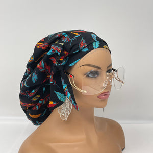 Ponytail Ankara PONY SCRUB CAP, feathers cotton fabric surgical scrub hat nursing caps and satin lining option for locs /Long Hair