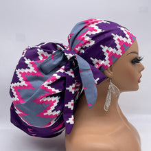 Load image into Gallery viewer, 2XL JUMBO PONY SCRUB Cap,pink, purple gray white Kente cotton fabric surgical nursing hat satin lining option for Extra long/thick Hair/Locs