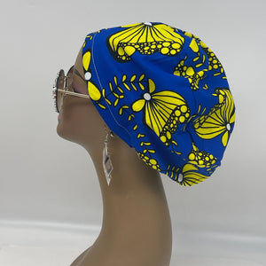 Niceroy Satin Lined surgical SCRUB HAT CAP,  Ankara Europe style nursing caps royal blue and Yellow African print fabric and .