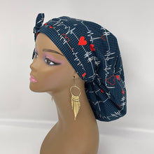 Load image into Gallery viewer, Ponytail PONY SCRUB Cap, Nurse and Doctors EKG cotton fabric surgical scrub hat nursing caps with satin lining for locs/Long Hair