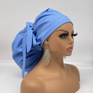 2XL JUMBO PONY SCRUB Cap, Baby Blue Berry Milk cotton surgical nursing hat satin lining option for Extra long/thick Hair/Locs