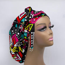 Load image into Gallery viewer, Ponytail hat PONY SCRUB CAP, red pink  teal yellow black surgical scrub hat nursing caps and satin lining option for locs, braid, long hair