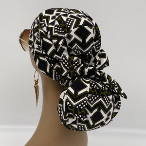 Ponytail PONY SCRUB CAP, Green Black  White Ankara fabric surgical scrub hat nursing satin lining option for locs/Long Hair