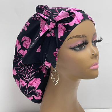Ponytail Satin lined PONY SCRUB CAP, Black and pink cotton fabric surgical scrub hat  nursing caps  for locs /Long Hair