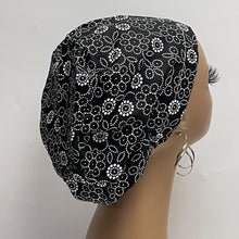 Load image into Gallery viewer, Niceroy Satin Lined Surgical SCRUB CAP black white floral Europe style nursing caps cotton fabric and .