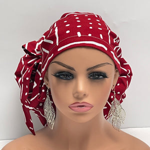 2XL JUMBO PONY SCRUB Cap, Red and White Tribal cotton fabric surgical nursing hat for Extra long/thick Hair/Locs