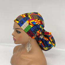 Load image into Gallery viewer, Ponytail All New Flattery Back Pony Hair Cover scrub Hat for long Hair, Braids, Locs. Ankara cotton African print fabric with satin lining