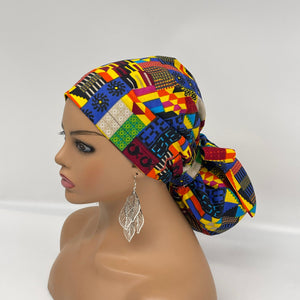 Ponytail All New Flattery Back Pony Hair Cover scrub Hat for long Hair, Braids, Locs. Ankara cotton African print fabric with satin lining