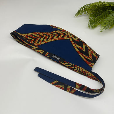 Reversible Navy Blue African Print Scrub Cap: Satin Lined Tie Back Hat