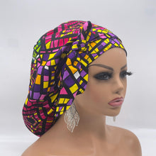 Load image into Gallery viewer, Ponytail PONY SCRUB CAP, multi colored geometric surgical scrub hat pony nursing caps and satin lining option for locs /Long Hair