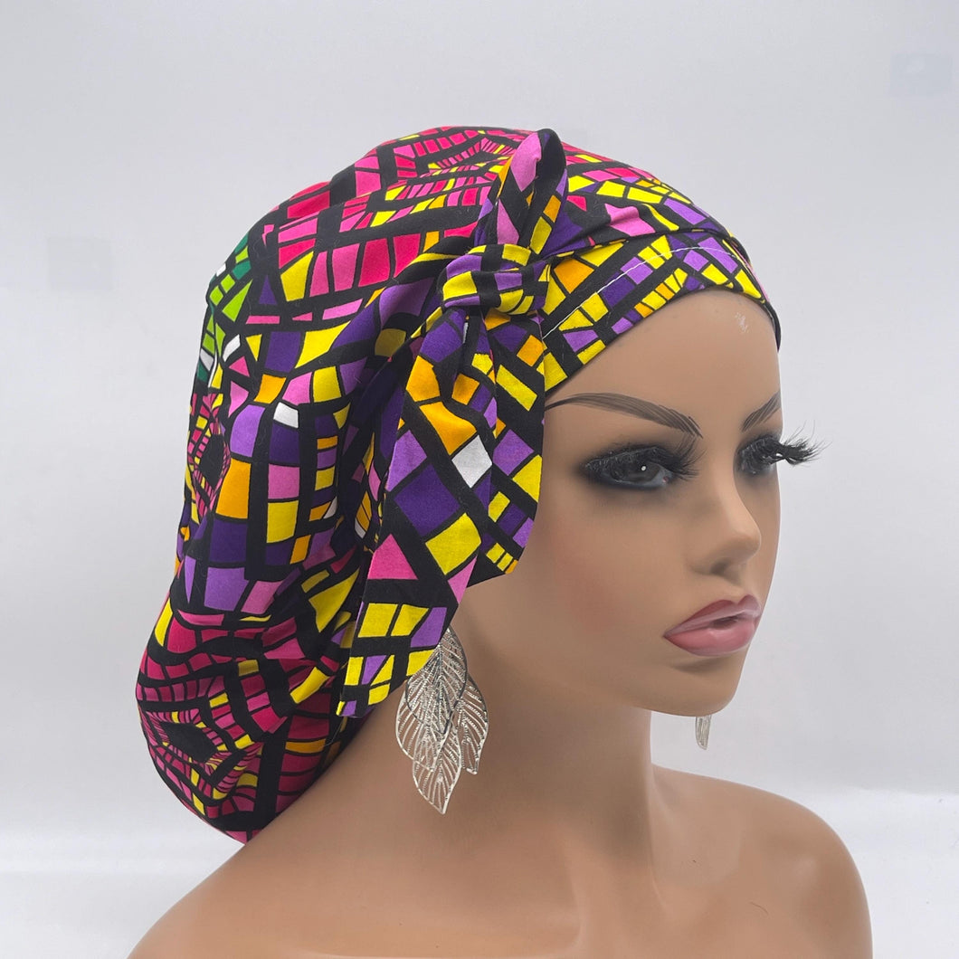 Ponytail PONY SCRUB CAP, multi colored geometric surgical scrub hat pony nursing caps and satin lining option for locs /Long Hair