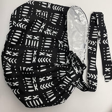 Load image into Gallery viewer, 2XL JUMBO PONY SCRUB Cap, Black/White cotton fabric surgical nursing hat satin lining option for Extra long/thick Hair/Locs