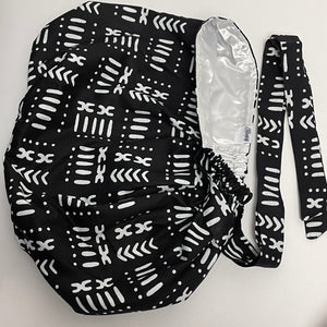 2XL JUMBO PONY SCRUB Cap, Black/White cotton fabric surgical nursing hat satin lining option for Extra long/thick Hair/Locs