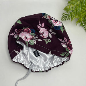 Adjustable surgical OR SCRUB CAP, maroon burgundy Floral Europe style nursing caps with flowers and satin lining option.