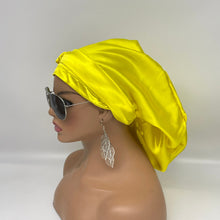 Load image into Gallery viewer, Ponytail Yellow Satin SCRUB HAT CAP, nursing caps,  Pony hat for long hair, locs, braids