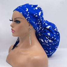 Load image into Gallery viewer, 2XL JUMBO PONY Scrub Cap, Royal blue and white surgical nursing hat and satin lining option for Extra long/thick Hair/Locs