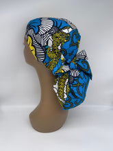 Load image into Gallery viewer, Ponytail Adjustable Ankara PONY SCRUB CAP, cotton fabric surgical scrub hat pony nursing caps and satin lining option for locs /Long Hair