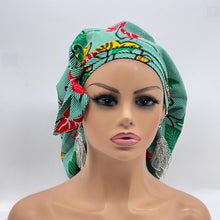 Load image into Gallery viewer, Ponytail SCRUB CAP off  green leaves cotton fabric surgical scrub hat nursing caps, satin lining option for long hair