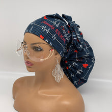 Load image into Gallery viewer, 2XL JUMBO PONY Scrub Cap, EKG  cotton fabric surgical nursing hat and satin lining option for Extra long/thick Hair/Locs