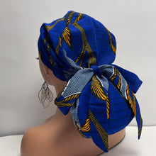 Load image into Gallery viewer, Ponytail SCRUB CAP Royal blue and yellow cotton fabric surgical scrub hat nursing caps, satin lining option for long hair