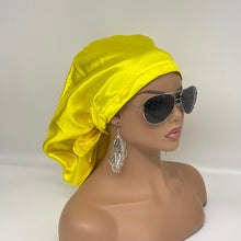 Load image into Gallery viewer, Ponytail Yellow Satin SCRUB HAT CAP, nursing caps,  Pony hat for long hair, locs, braids