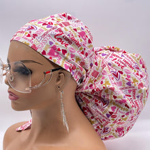 Load image into Gallery viewer, 2XL JUMBO PONY SCRUB Cap white pink red  Valentine cotton fabric surgical nursing hat satin lining option for Extra long/thick Hair/Loc