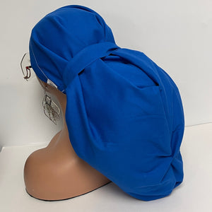 2XL JUMBO PONY SCRUB Cap, Solid Royal Blue cotton fabric surgical nursing hat satin lining option for Extra long/thick Hair/Locs