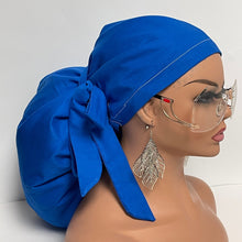 Load image into Gallery viewer, 2XL JUMBO PONY SCRUB Cap, Solid Royal Blue cotton fabric surgical nursing hat satin lining option for Extra long/thick Hair/Locs